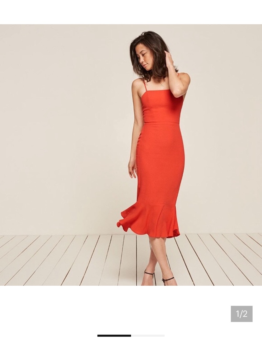 Red Spaghetti-Strap Midi Dress with Fluted Hem